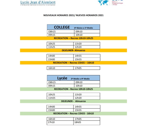 HORAIRES DU SECONDAIRE 2021