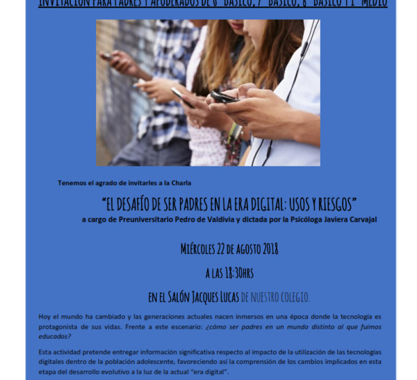 INVITACIÓN CHARLA MIÉRCOLES 22.08 - Padres y Apoderados de 6º, 7º, 8º y I Medio.