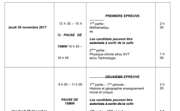 DNB 2017 - CALENDRIER DES ÉPREUVES