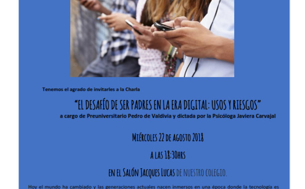INVITACIÓN CHARLA MIÉRCOLES 22.08 - Padres y Apoderados de 6º, 7º, 8º y I Medio.