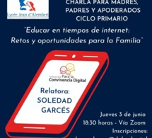 Charla para Madres, Padres y Apoderados Ciclo Primario Jueves 3 de Junio / Conférence pour les Parents du Cycle Primaire Jeudi 3 Juin
